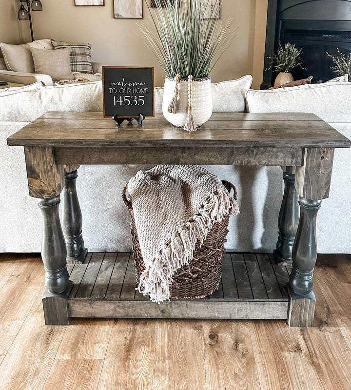 Entry table with baluster legs fully stained aged barrel