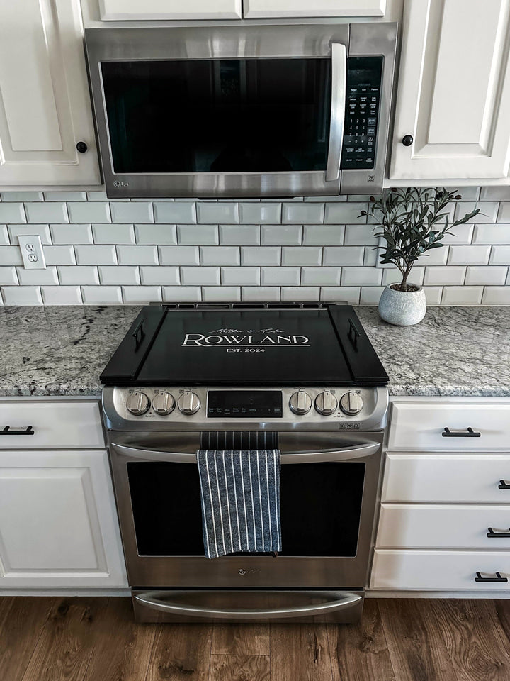 Personalized family name stove cover, Black "Rowland"