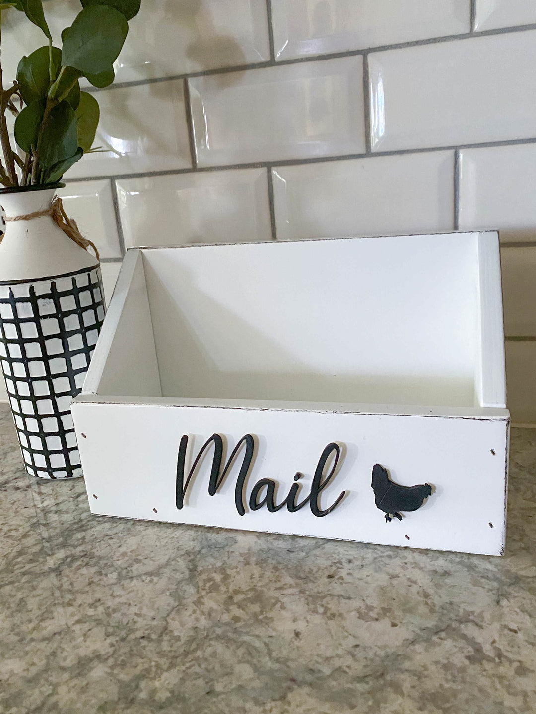 handmade wooden mail caddy in white distressed