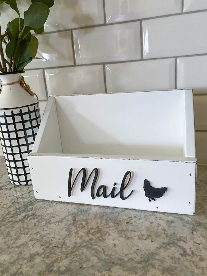 handmade wooden mail caddy in white distressed