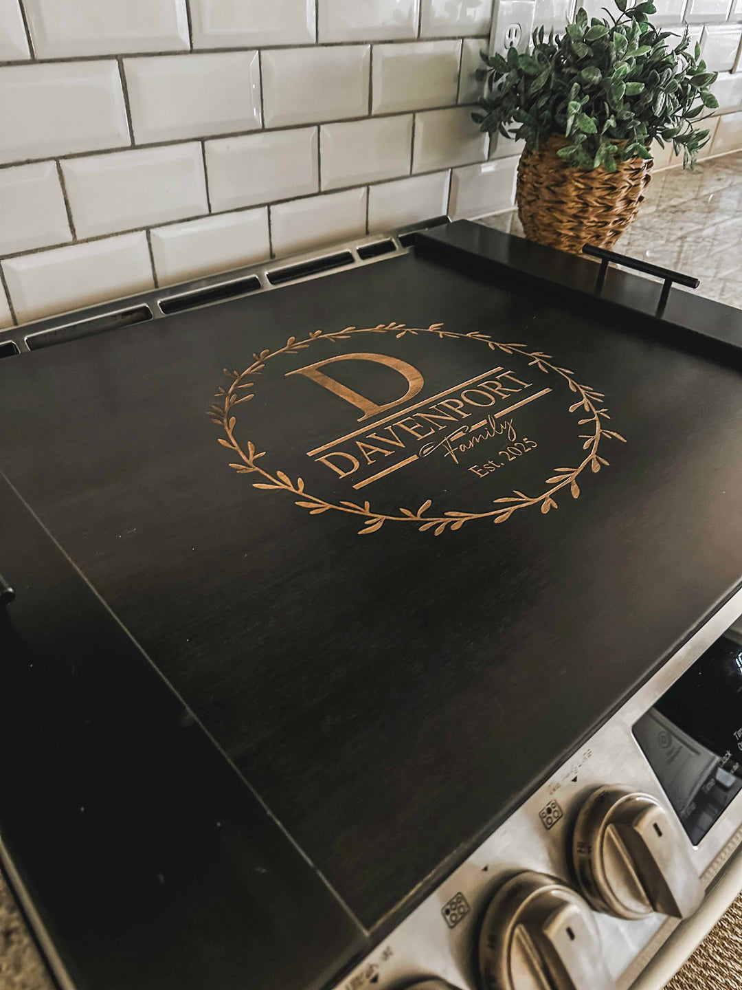 Personalized monogram stove cover, black + natural "Davenport"