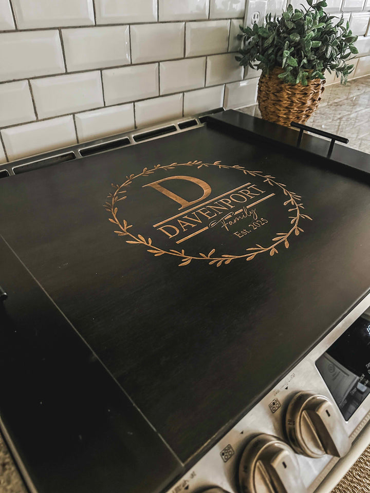 Personalized monogram stove cover, black + natural "Davenport"