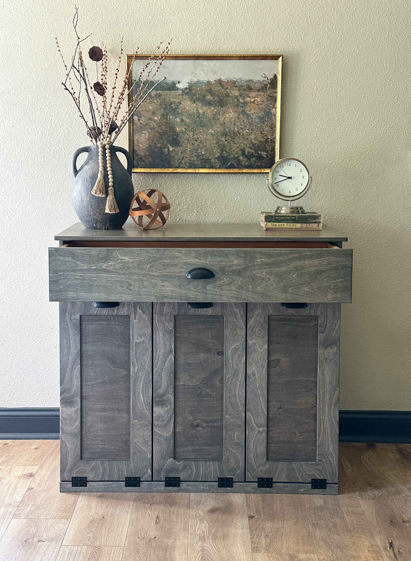 Prescott trash with a storage drawer in aged barrel