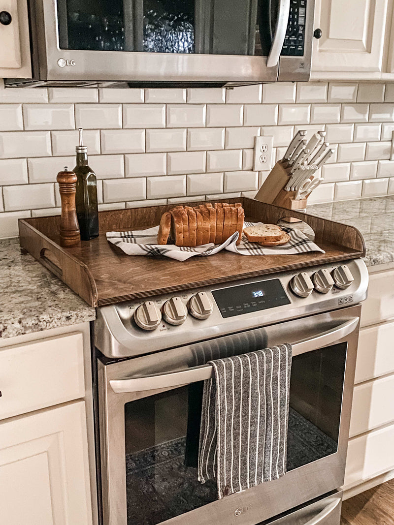 Clean and simple warm brown stove cover with raised edge