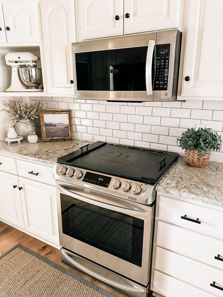 Personalized monogram stove cover, black + natural "Davenport"