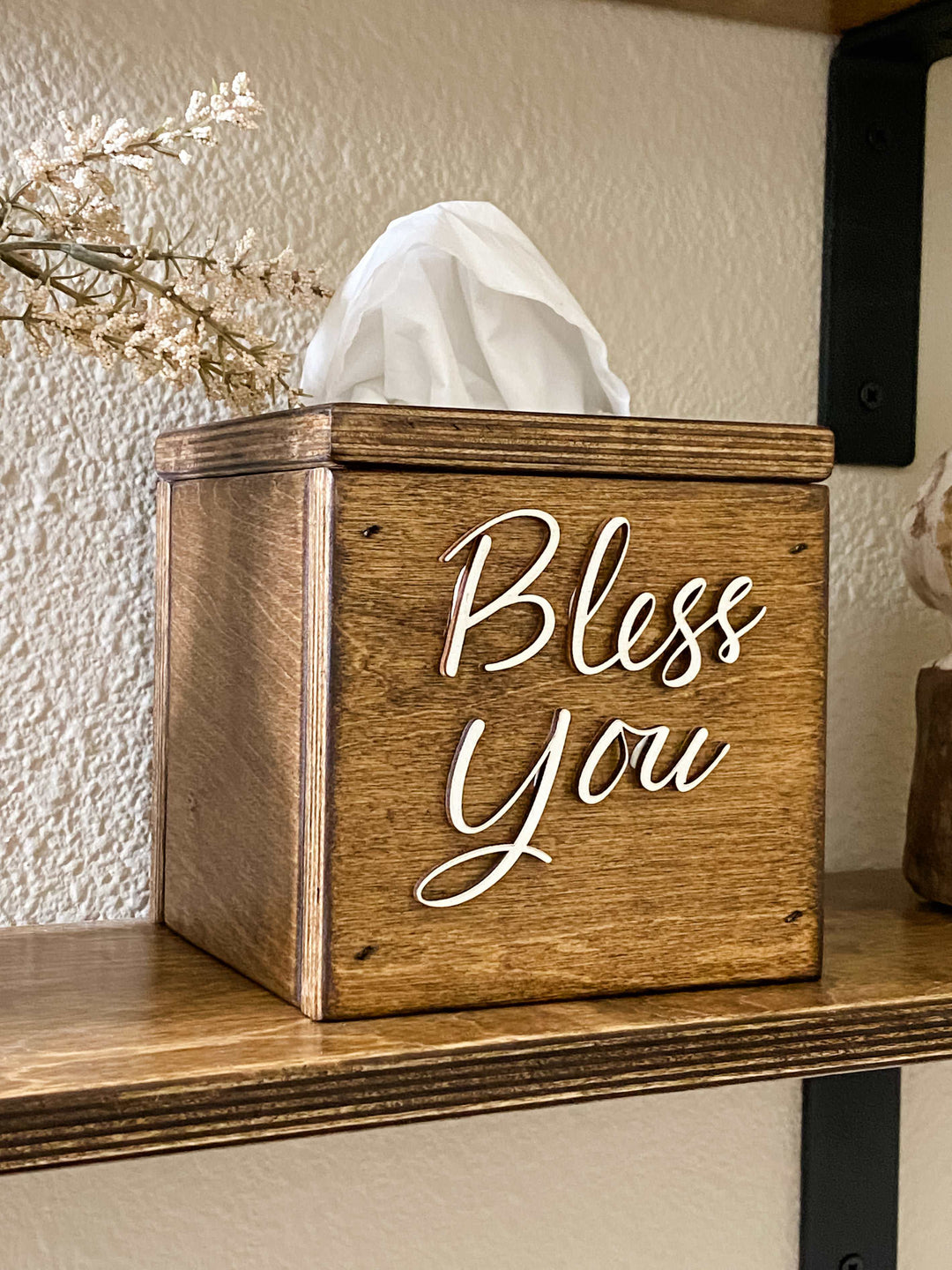 handmade wooden Bless You tissue cover warm brown