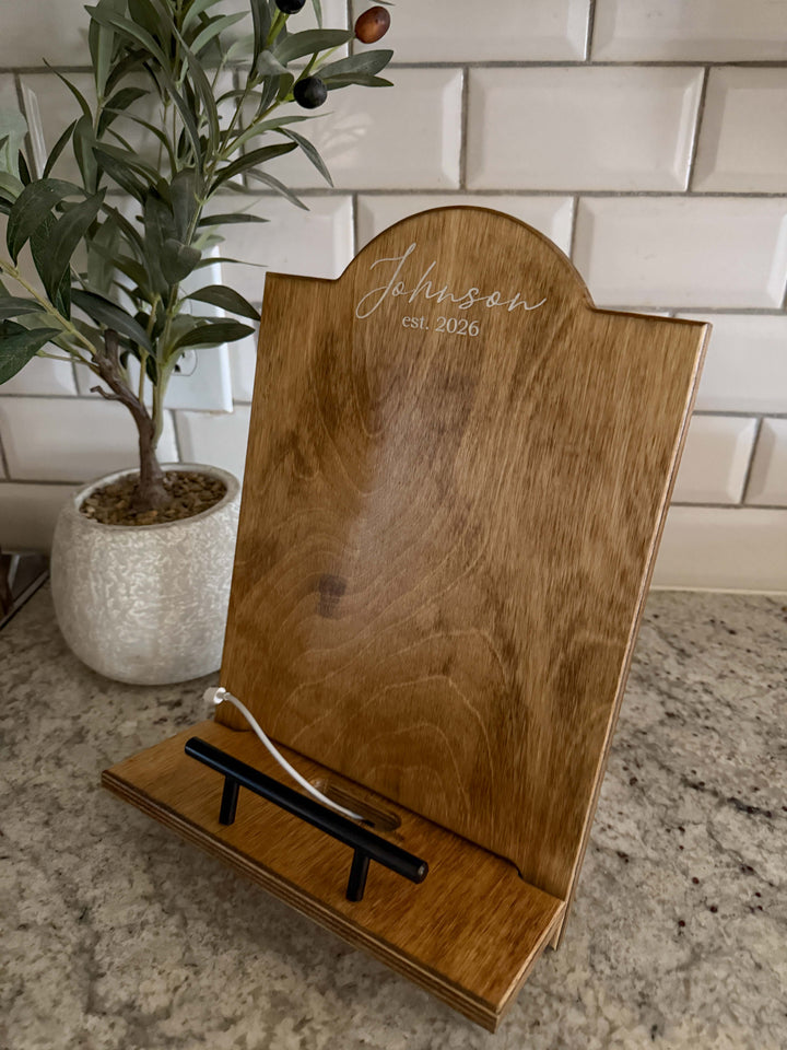 Golden Oak stained cookbook holder with personalization