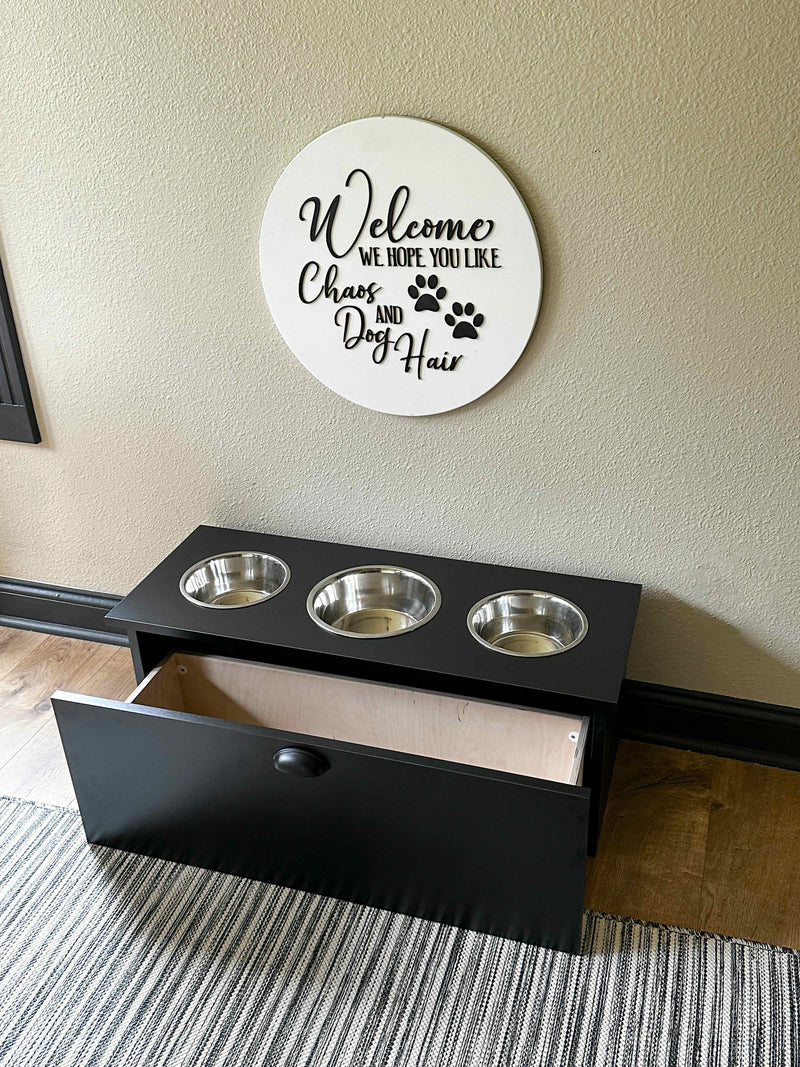 3 bowl elevated dog feeder with storage drawer in black - more colors