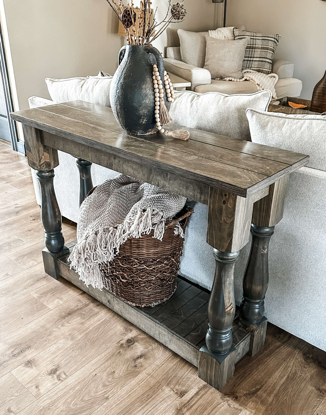Entry table with baluster legs fully stained aged barrel
