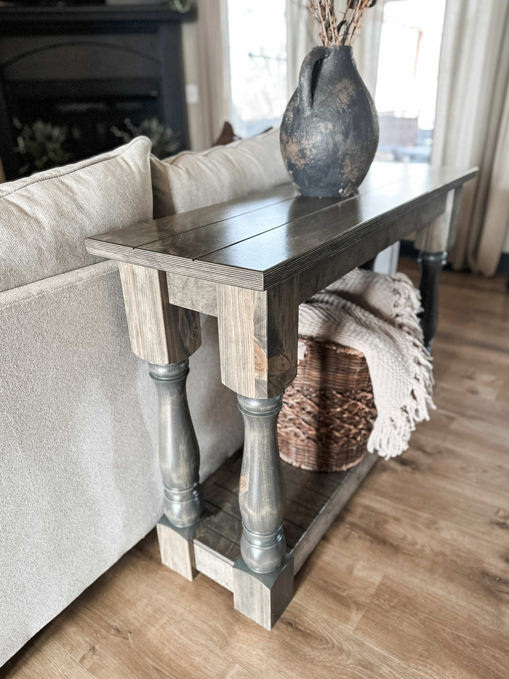 Entry table with baluster legs fully stained aged barrel