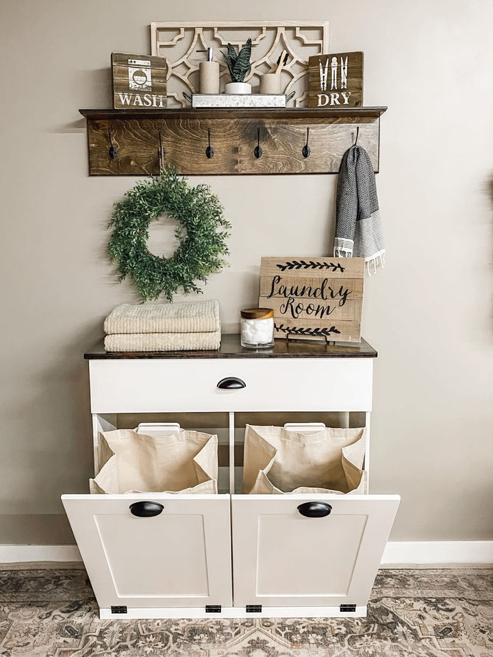 White furniture style laundry double hamper with a storage drawer