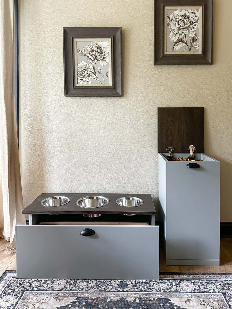 Single style pet food storage in gray with brown stained top modern style