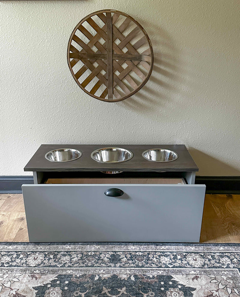 3 bowl elevated dog feeder with storage drawer with drawer in gray with brown wood look top