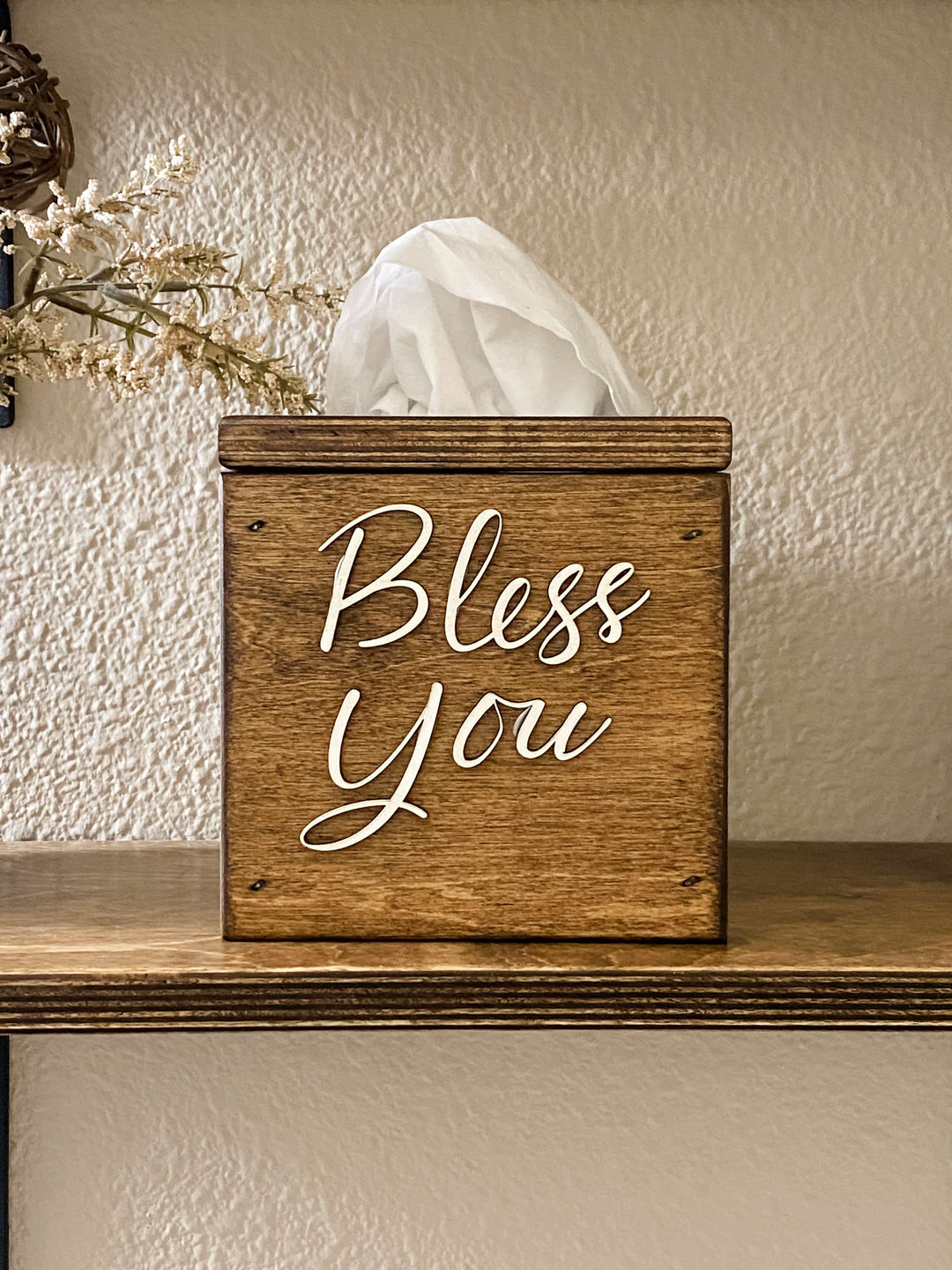 handmade wooden Bless You tissue cover warm brown