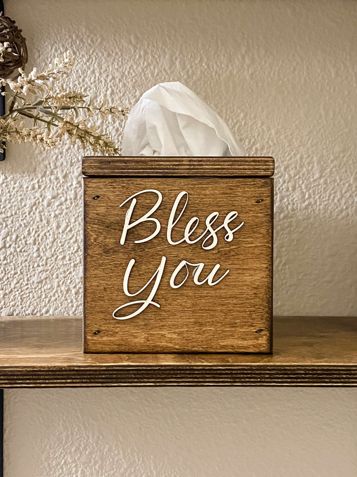handmade wooden Bless You tissue cover warm brown