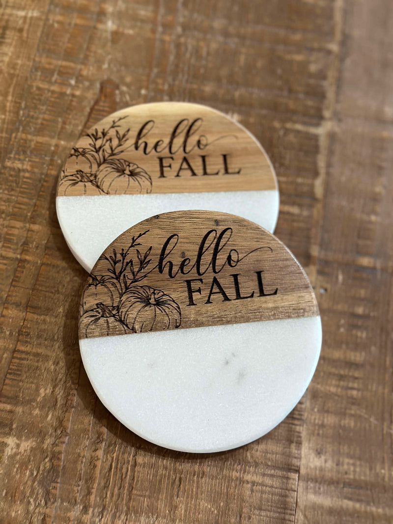 Sunflower + hello fall engraved wood + marble coaster set