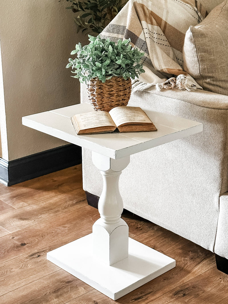 Rustic baluster farmhouse single leg side table ivory distressed