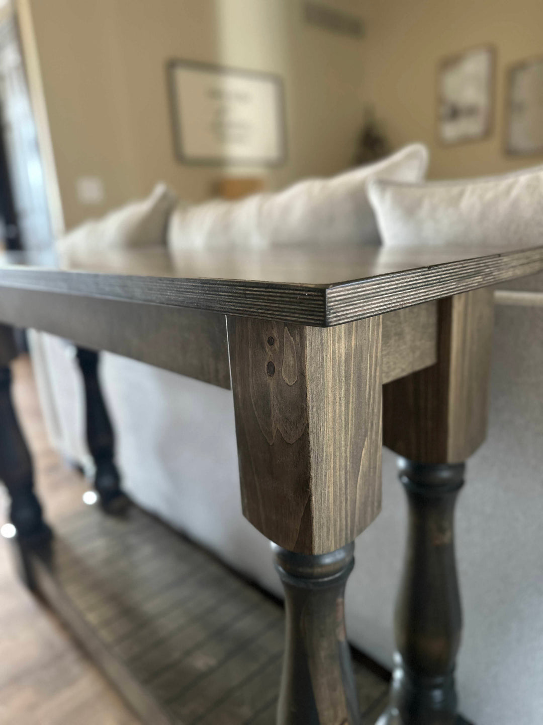 Entry table with baluster legs fully stained aged barrel