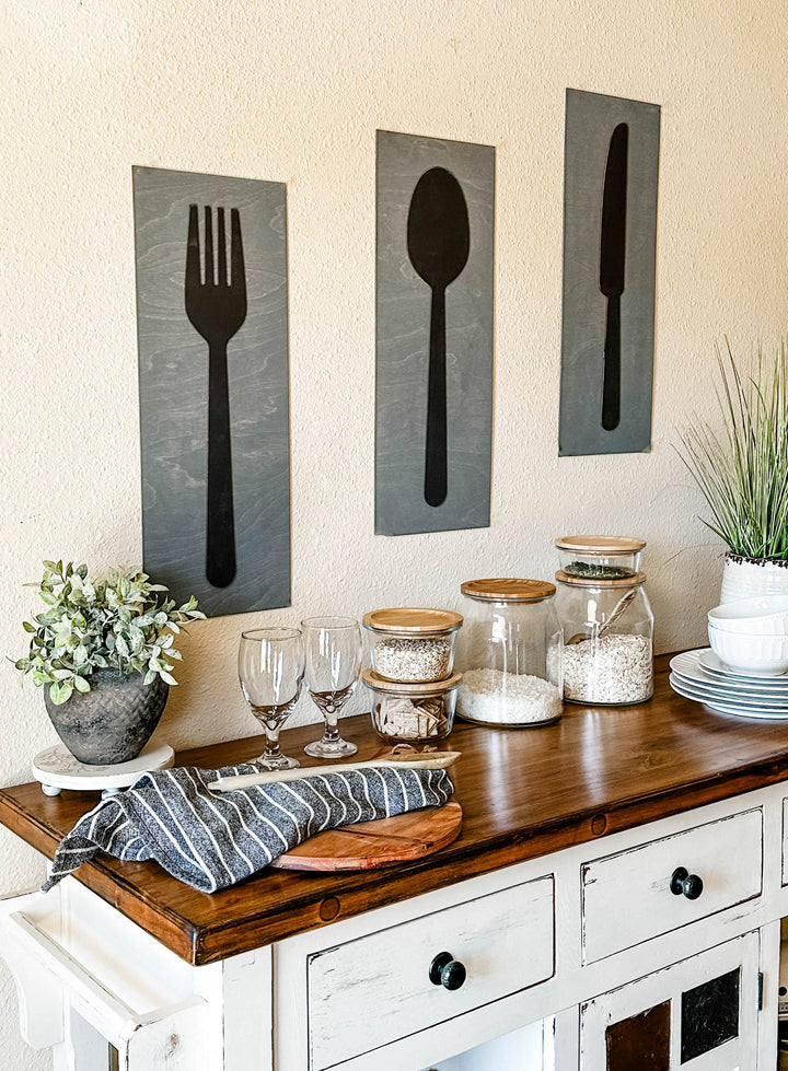 Fork, spoon, and knife set handmade of wood wall decor in dark charcoal with heather gray layered set