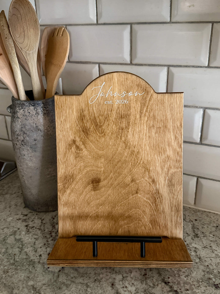 Golden Oak stained cookbook holder with personalization