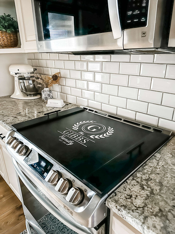 Personalized family name stove cover, Black - Gibbs