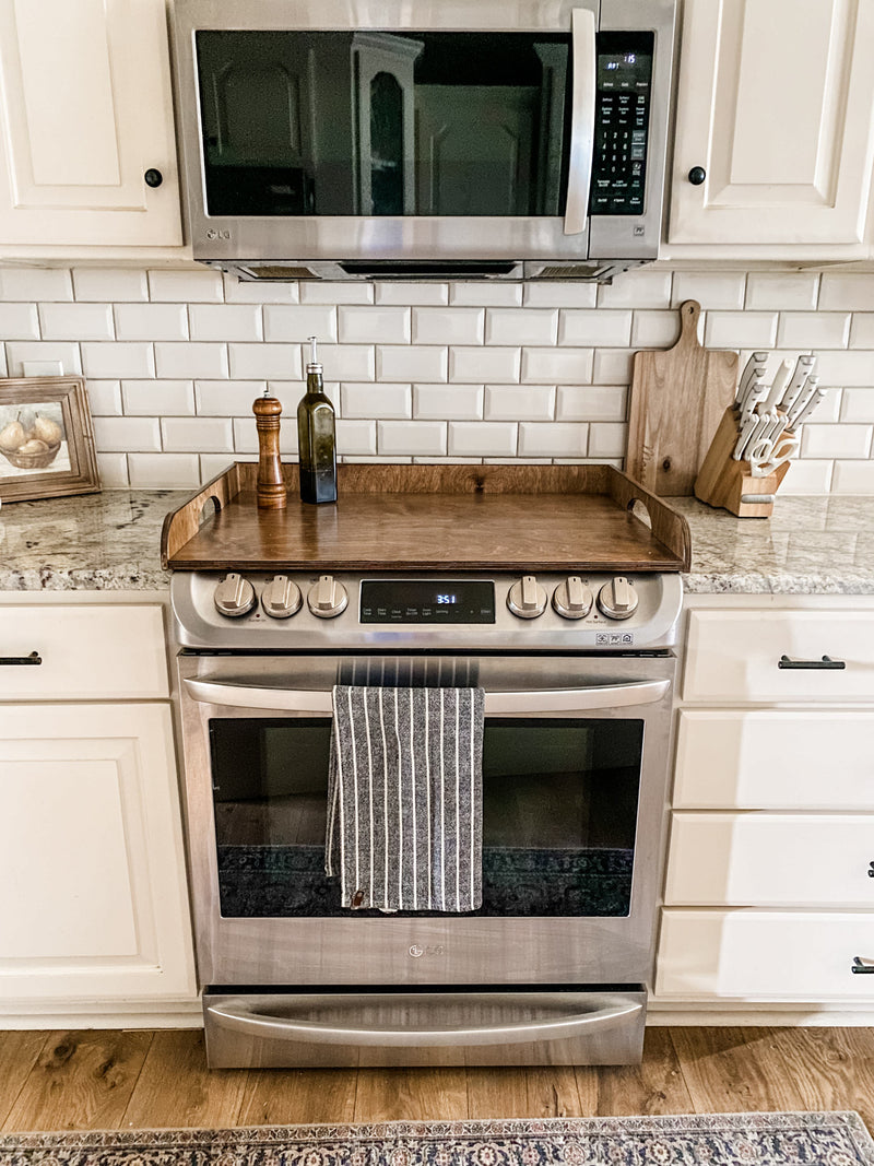 Clean and simple warm brown stove cover with raised edge
