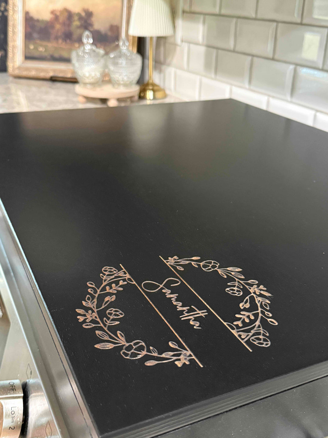 Personalized monogram stove cover, black + natural "Samantha"