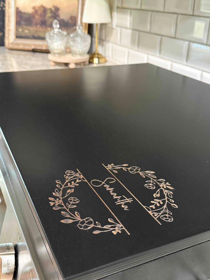 Personalized monogram stove cover, black + natural "Samantha"