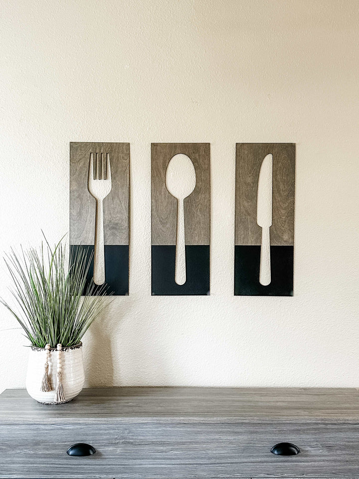 Aged barrel + charcoal fork, spoon, and knife wood wall decor set