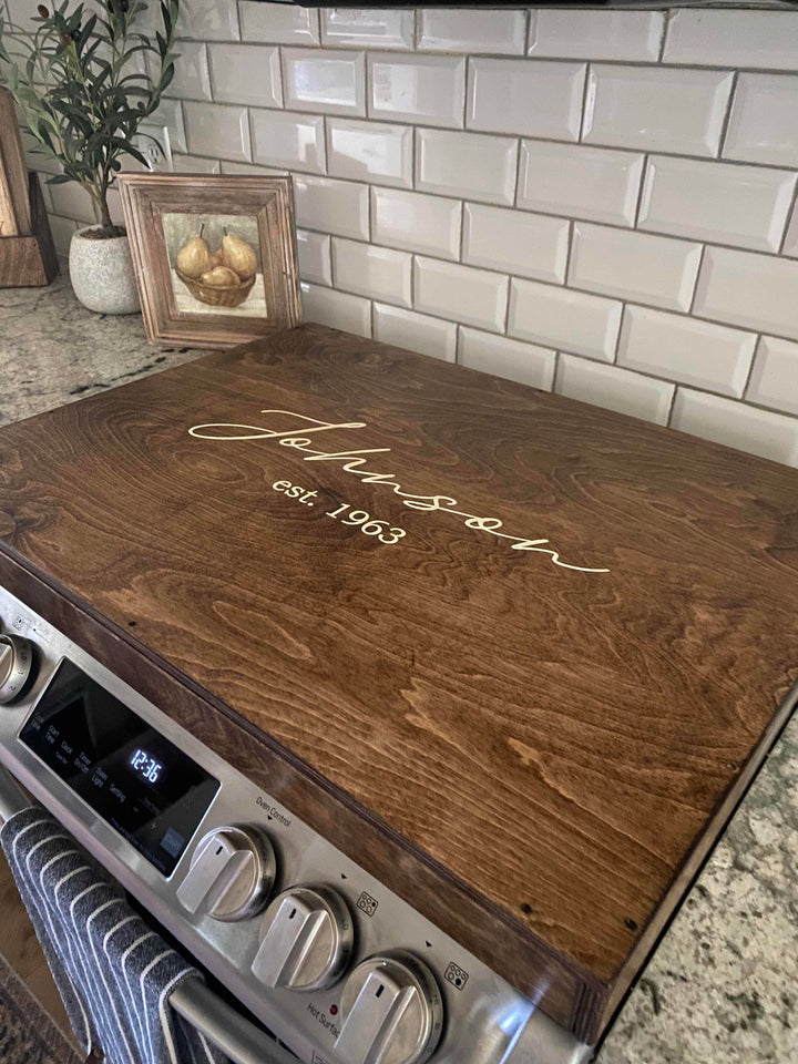 Personalized "Valencia" stove cover, warm brown + soft white