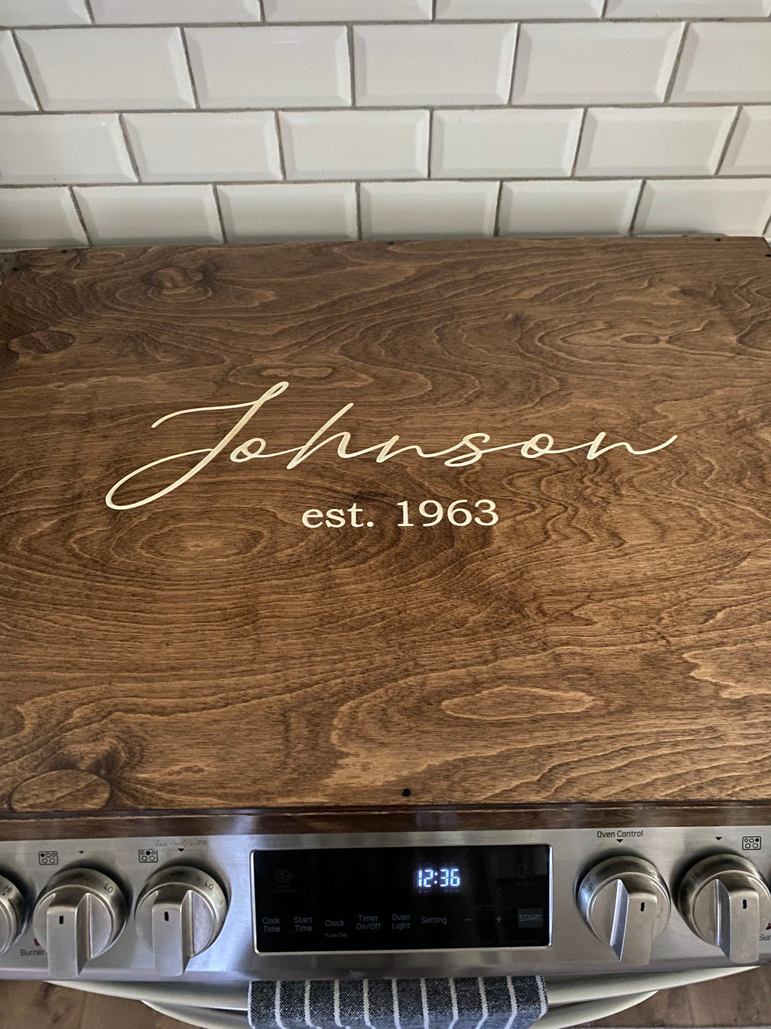 Personalized "Valencia" stove cover, warm brown + soft white