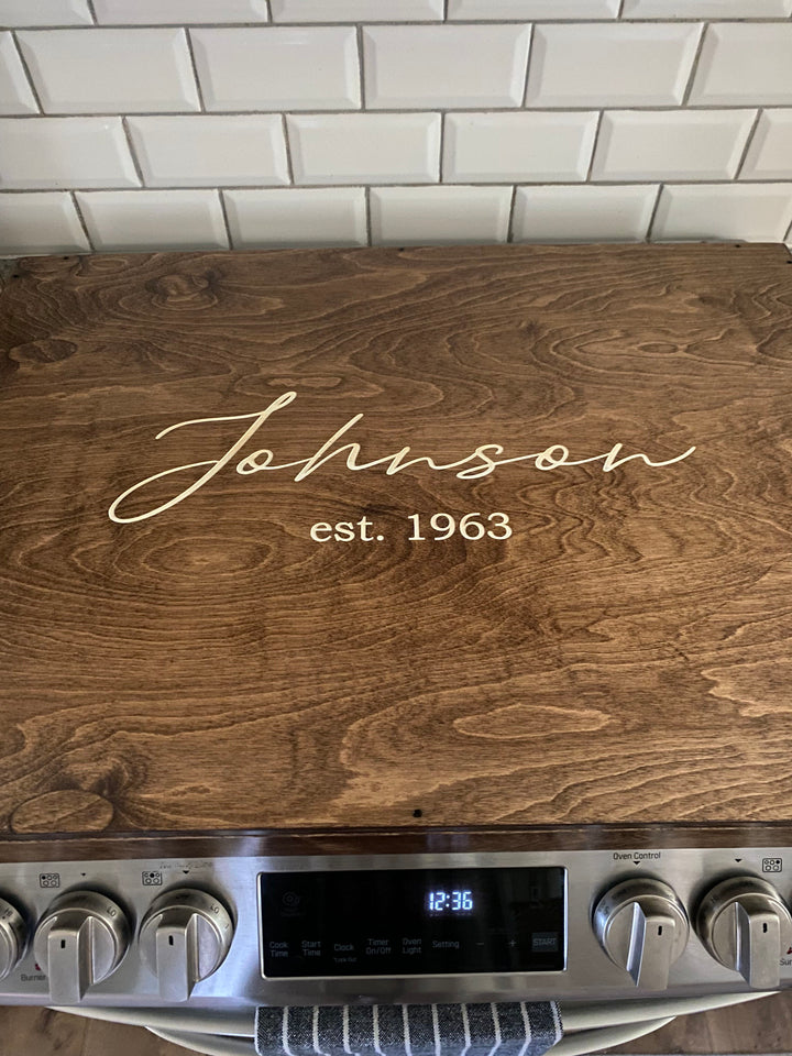Personalized "Valencia" stove cover, warm brown + soft white