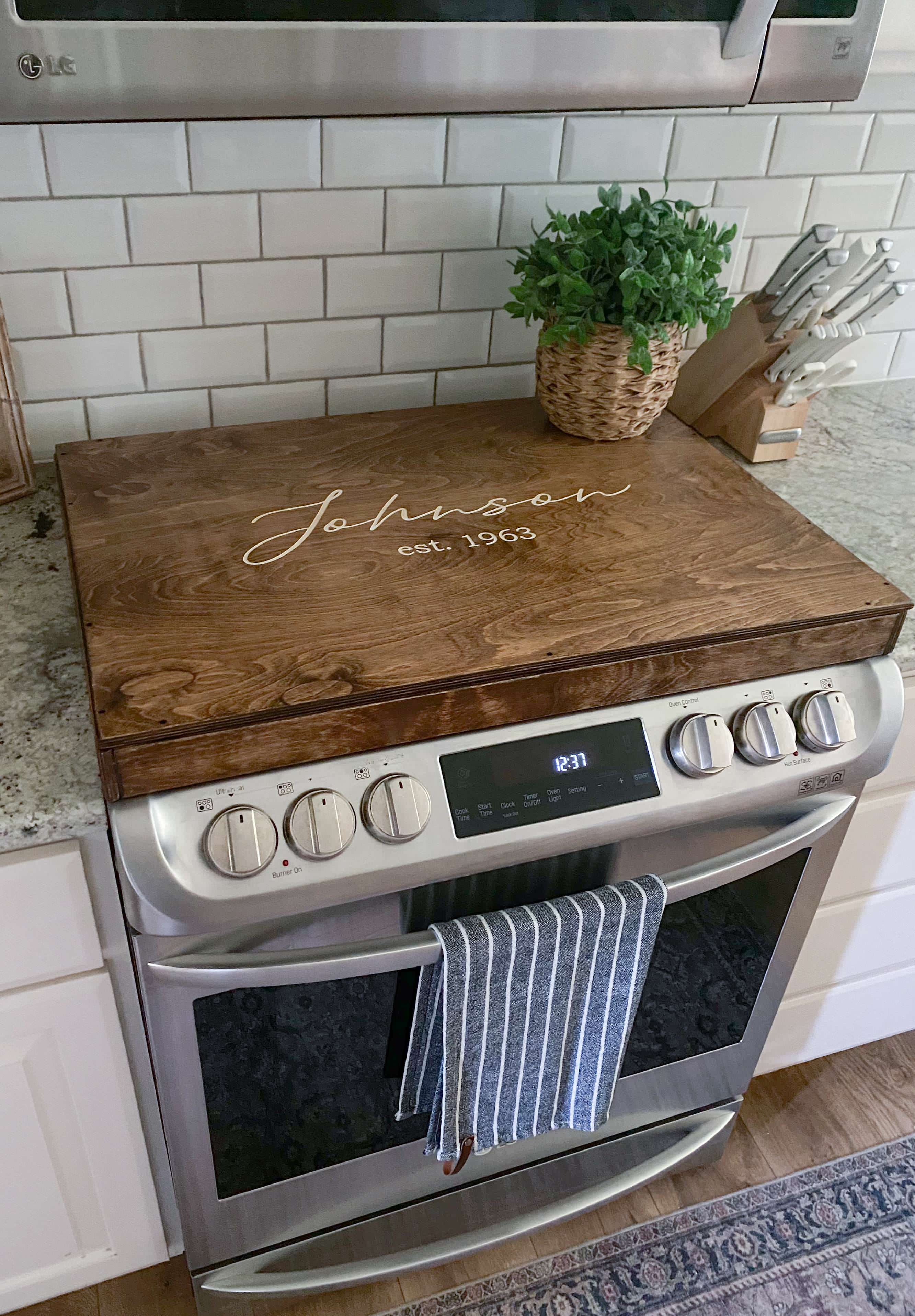 Personalized "Valencia" stove cover, warm brown + soft white