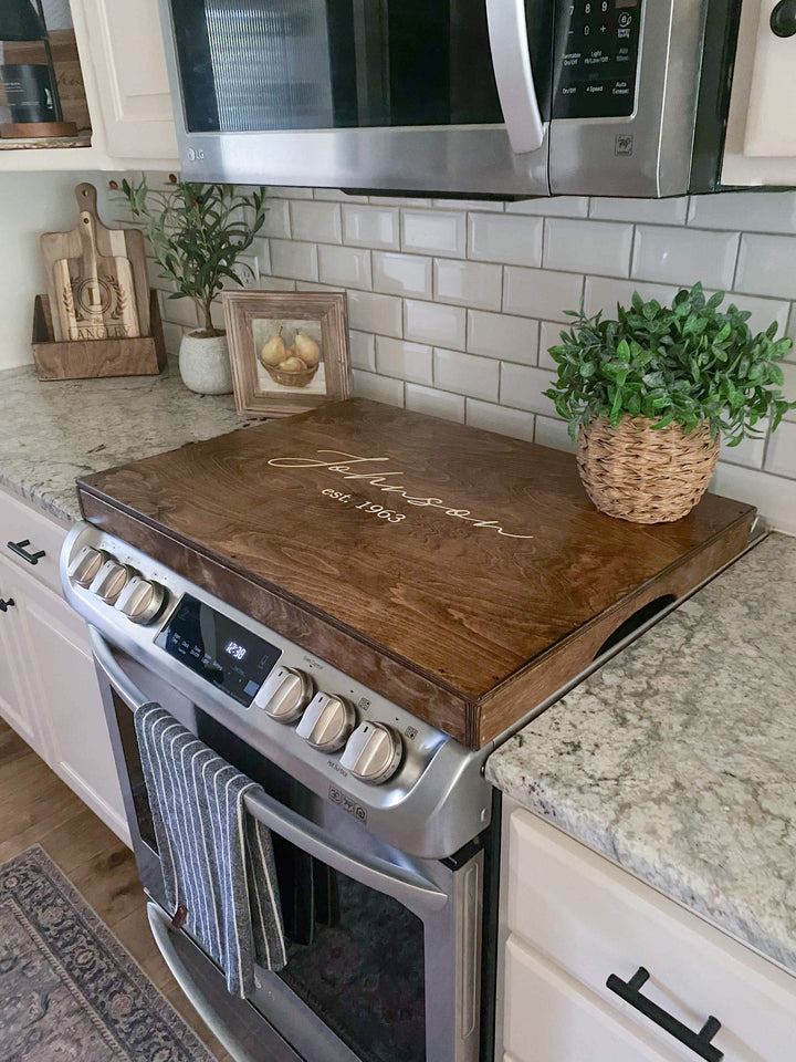 Personalized "Valencia" stove cover, warm brown + soft white