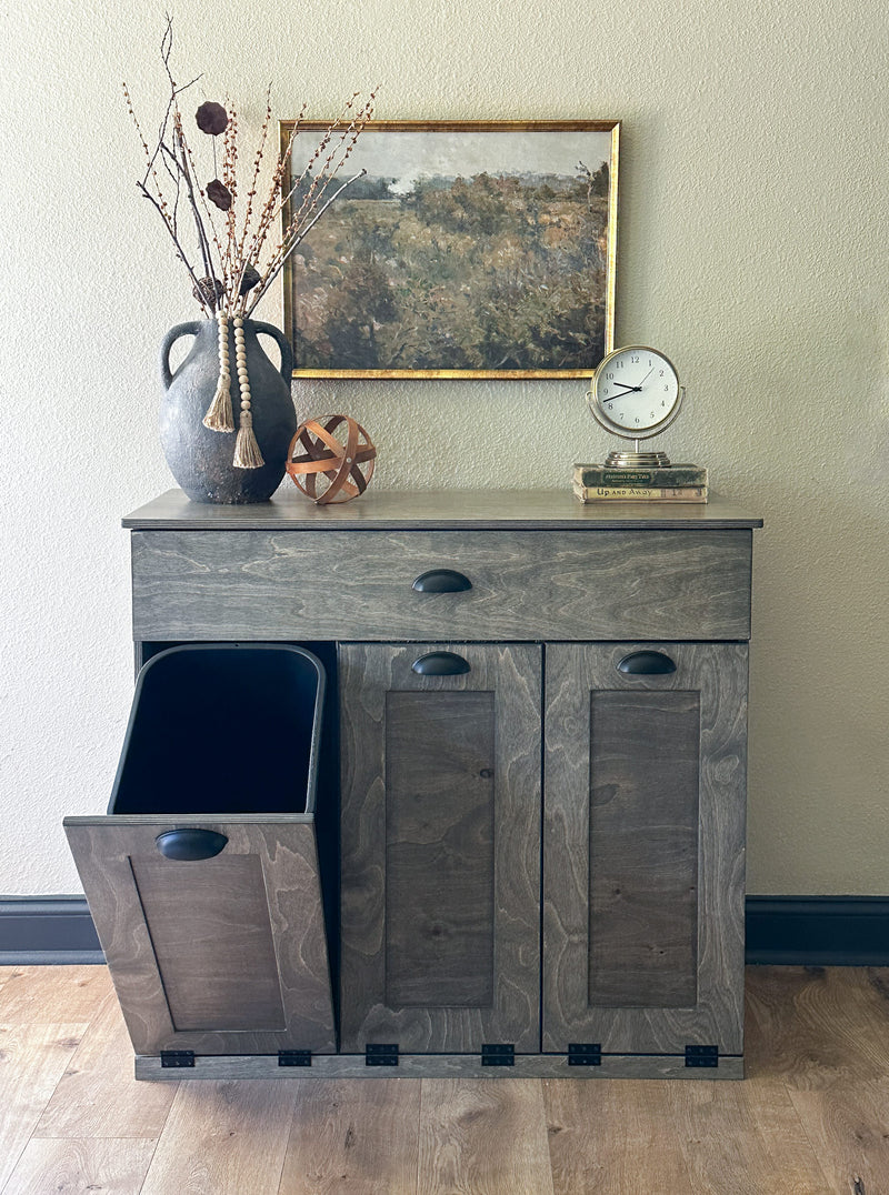 Prescott trash with a storage drawer in aged barrel