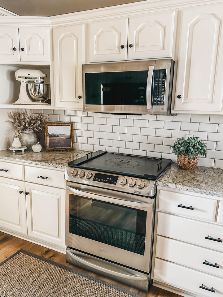 Personalized monogram stove cover, black + natural "Davenport"