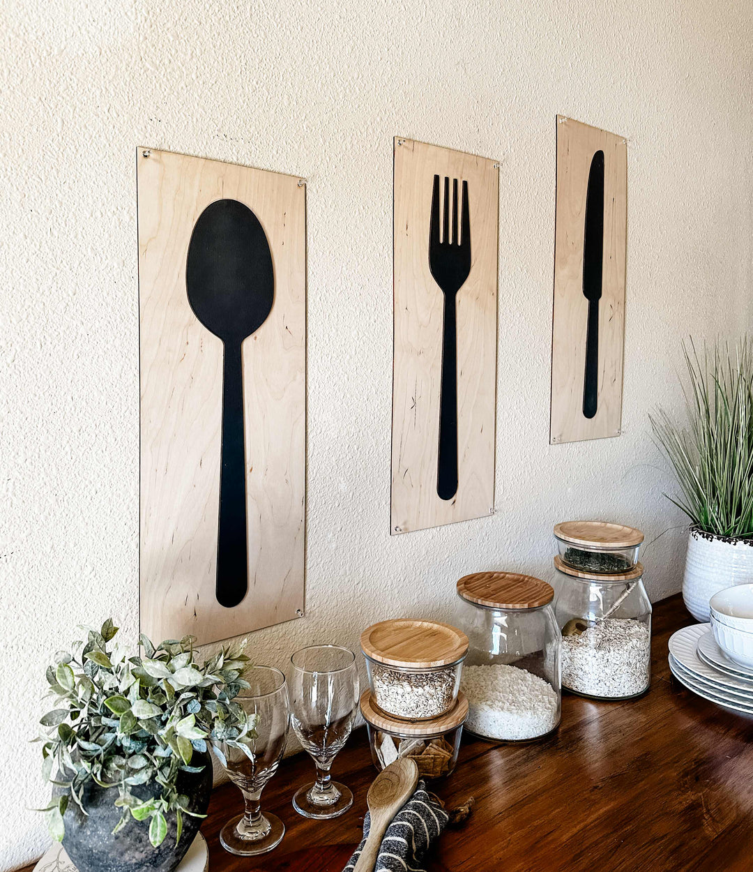 Fork, spoon, and knife set handmade of wood wall decor in dark charcoal with natural wood layered set