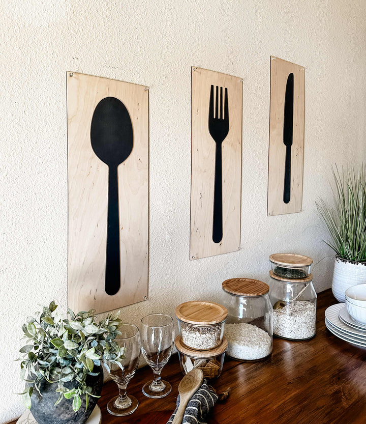 Fork, spoon, and knife set handmade of wood wall decor in dark charcoal with natural wood layered set
