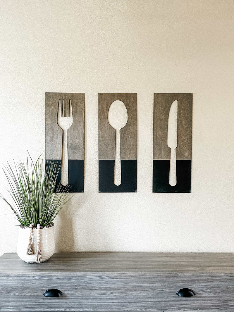 Fork spook and knife wall decor in dark charcoal with aged barrel stain