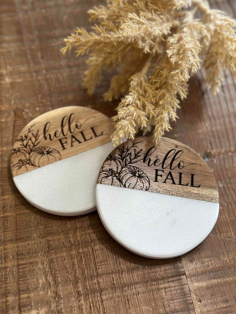 Sunflower + hello fall engraved wood + marble coaster set