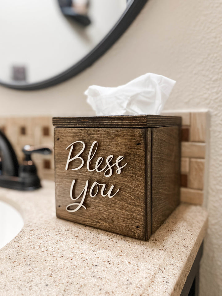 handmade wooden Bless You tissue cover dark brown