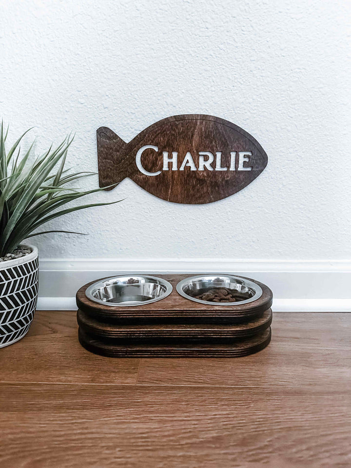 Two bowl stained layered wood elevated cat feeder