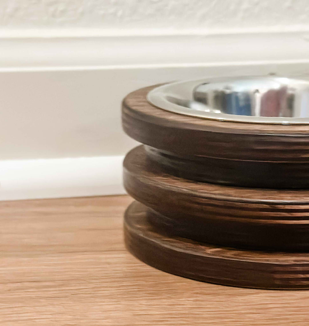 Two bowl stained layered wood elevated cat feeder