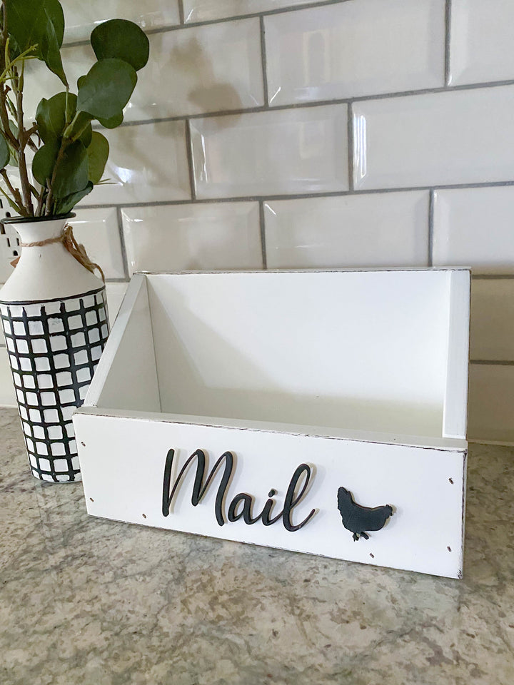 handmade wooden mail caddy in white distressed