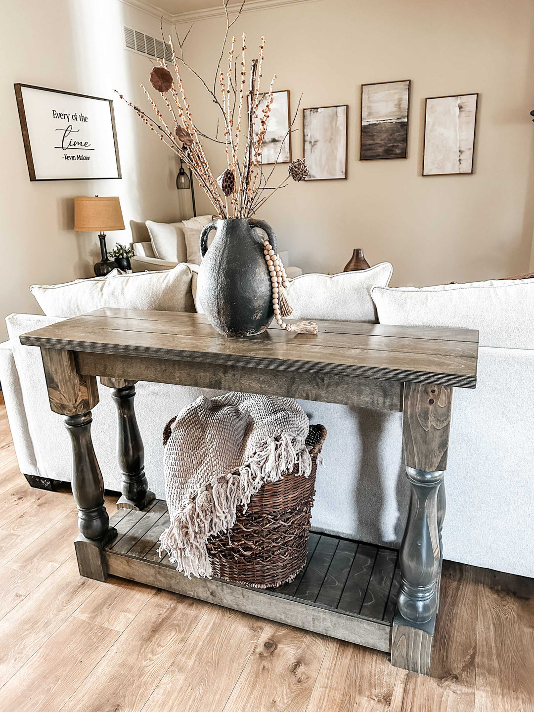 Entry table with baluster legs fully stained aged barrel