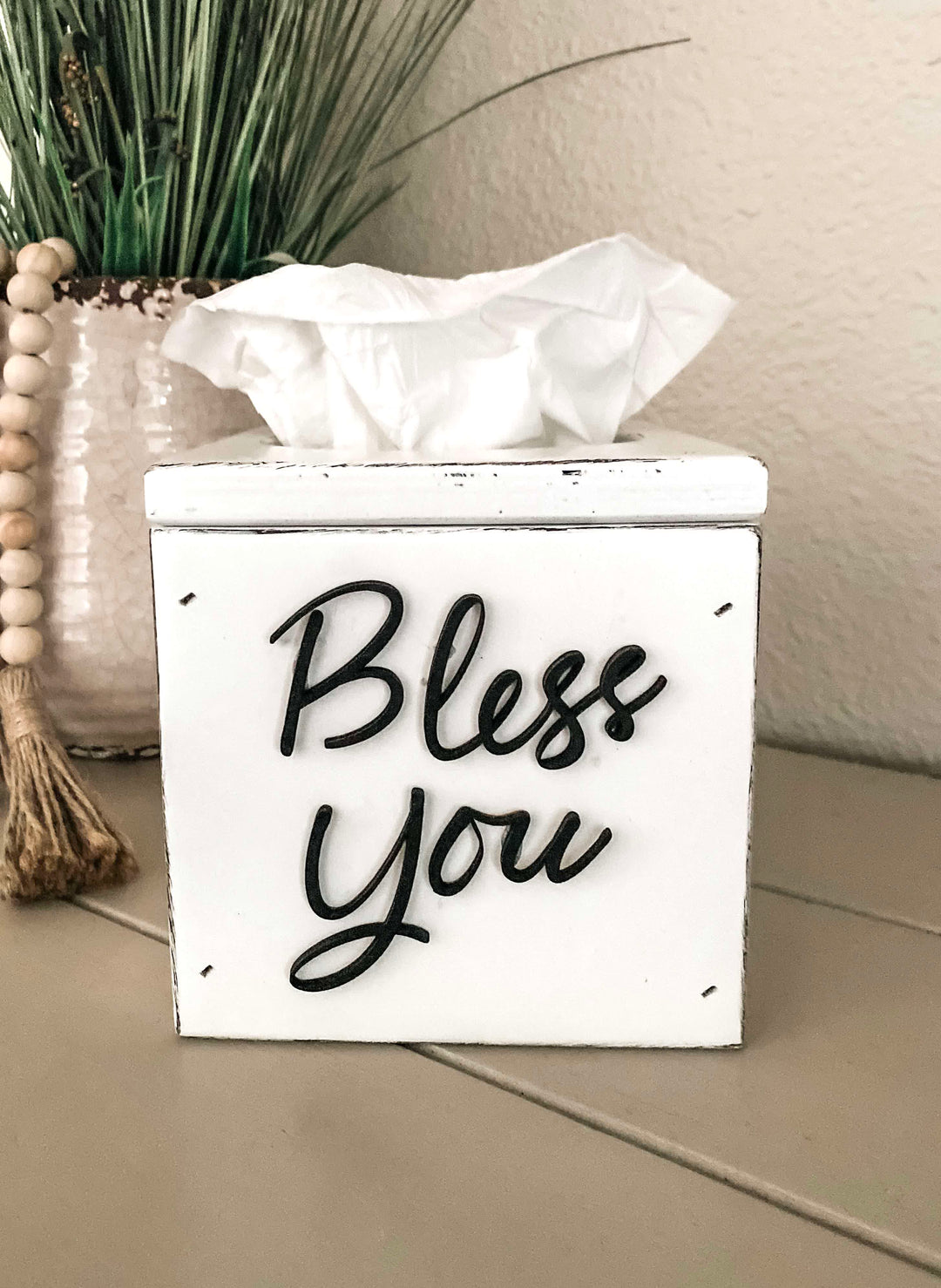 handmade wooden Bless You tissue cover white distressed