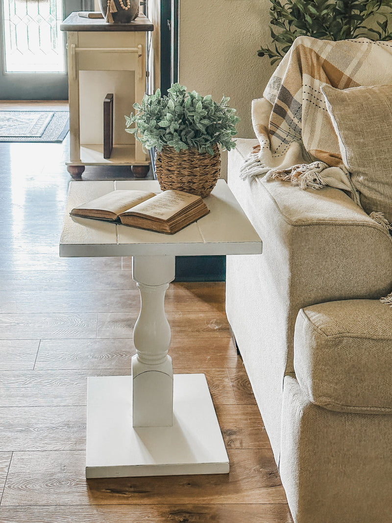 Rustic baluster farmhouse single leg side table ivory distressed