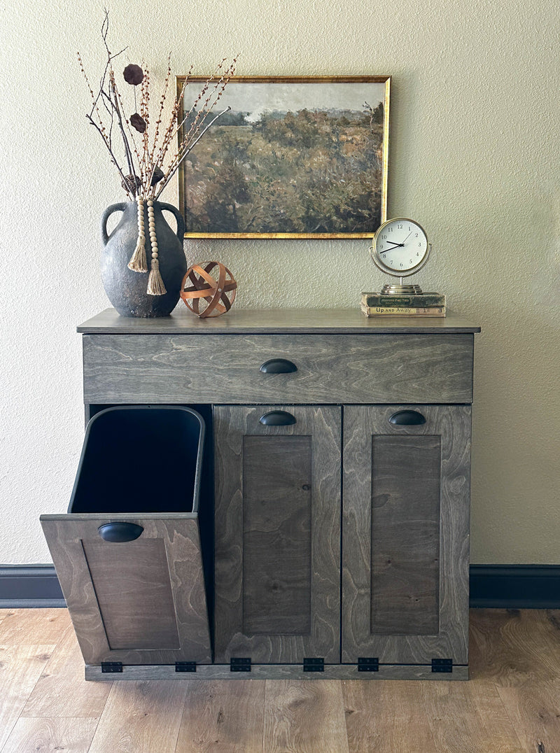 Prescott trash with a storage drawer in aged barrel