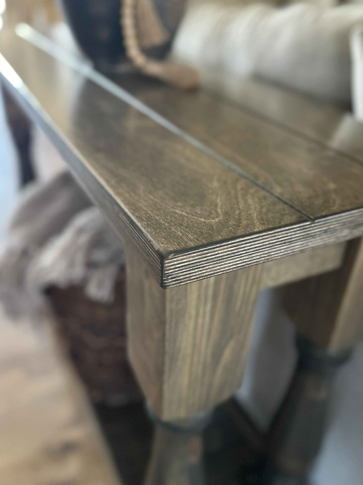 Entry table with baluster legs fully stained aged barrel