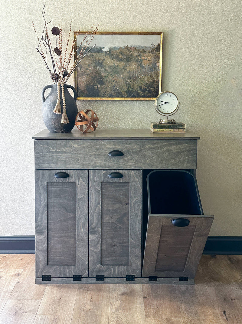 Prescott trash with a storage drawer in aged barrel